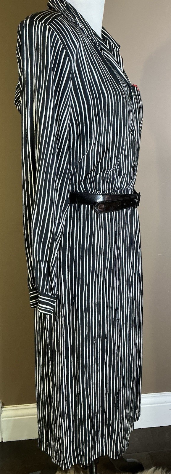 Vintage Petites By Willi 80s 90s Belted Black White Striped Shirt Dress