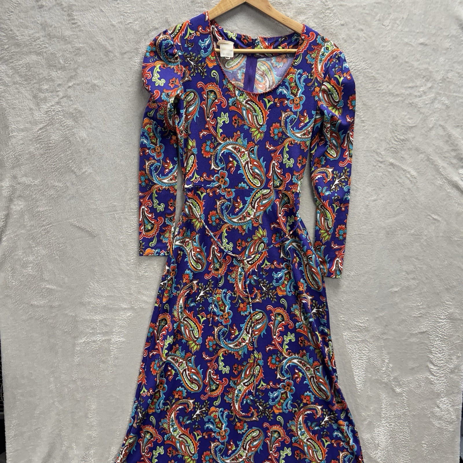 VTG 70s The Red Eye Paisley Multicolor Purple Hippie Long Sleeve Dress Womens 9