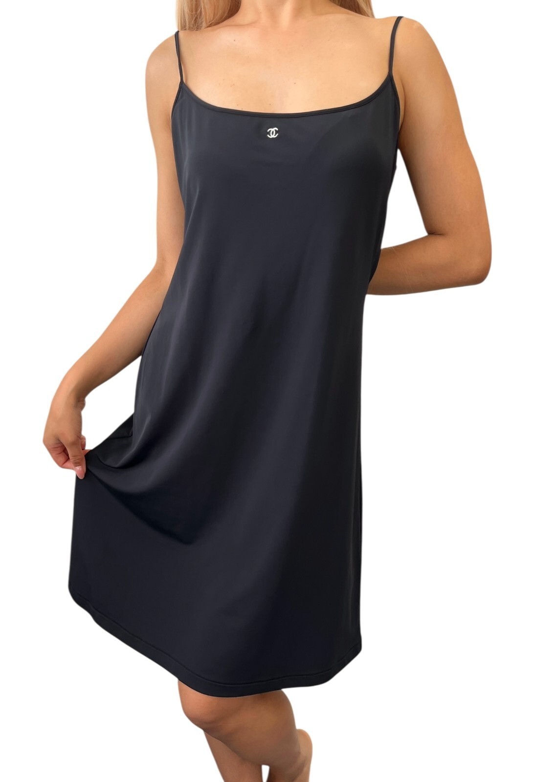 CHANEL Vintage 97C CC Mark Logo Camisole Dress #44 One-piece Black Nylon