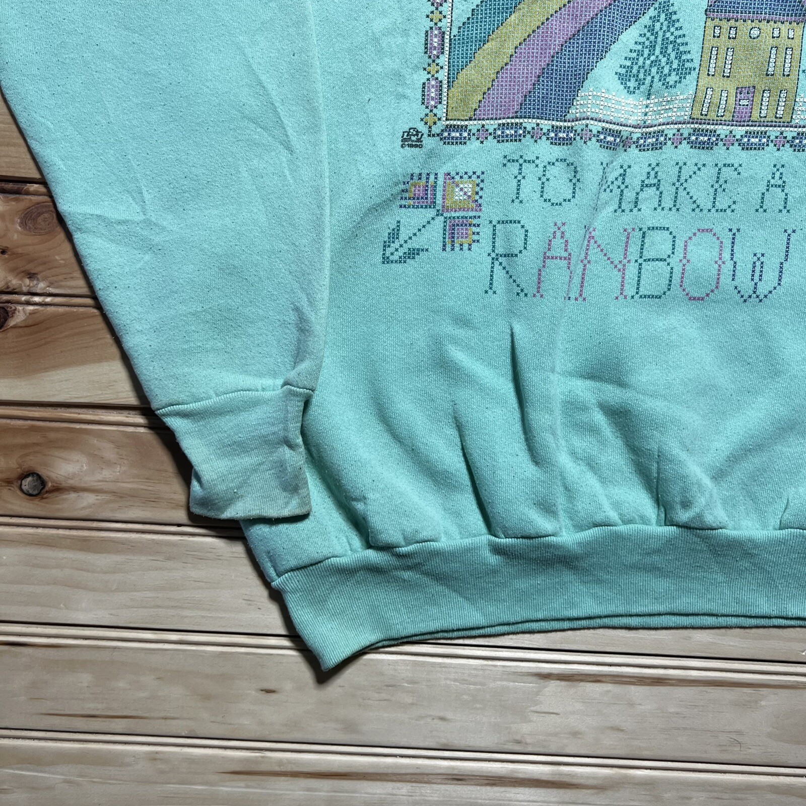 Vintage 80s Granny Core Rain And Shine Make Rainbow Needlepoint Sweatshirt – XL