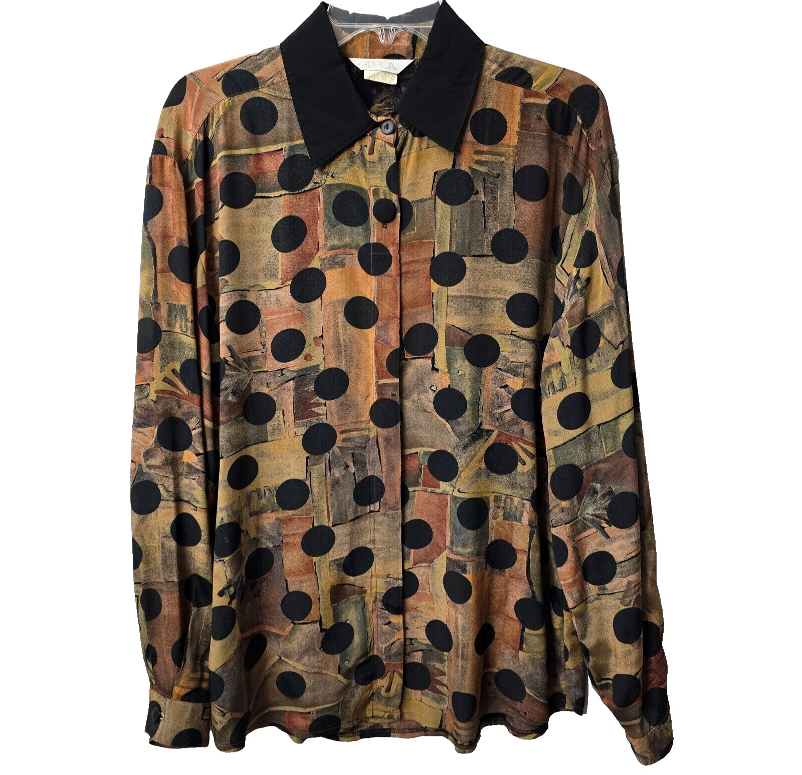 Vintage Polka Dot Blouse Top 8 M Semi Sheer Lagenlook Black Multicolor Rayon 80s