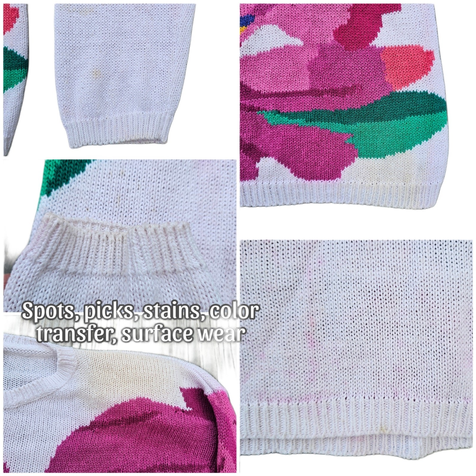 Bright Pink Floral Sweater Pierre Cardin Size S White Flower Vintage Colorful