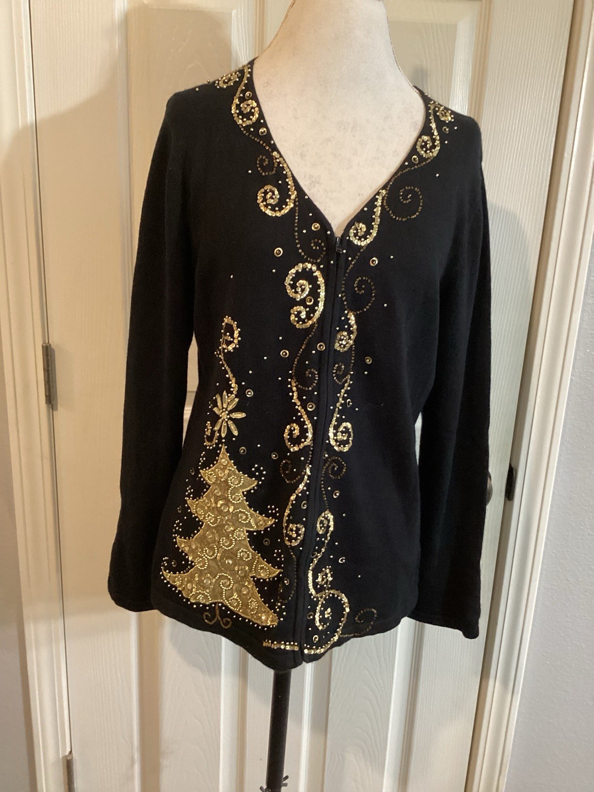 Vintage Jack B Quick Christmas Sweater Size Large Black & Gold BEAUTIFUL!!