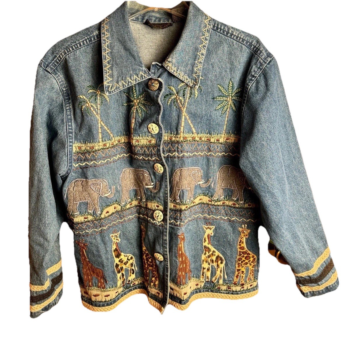 VTG New Direction Denim Embroidered Jacket Women’s M Giraffes Elephants Jungle