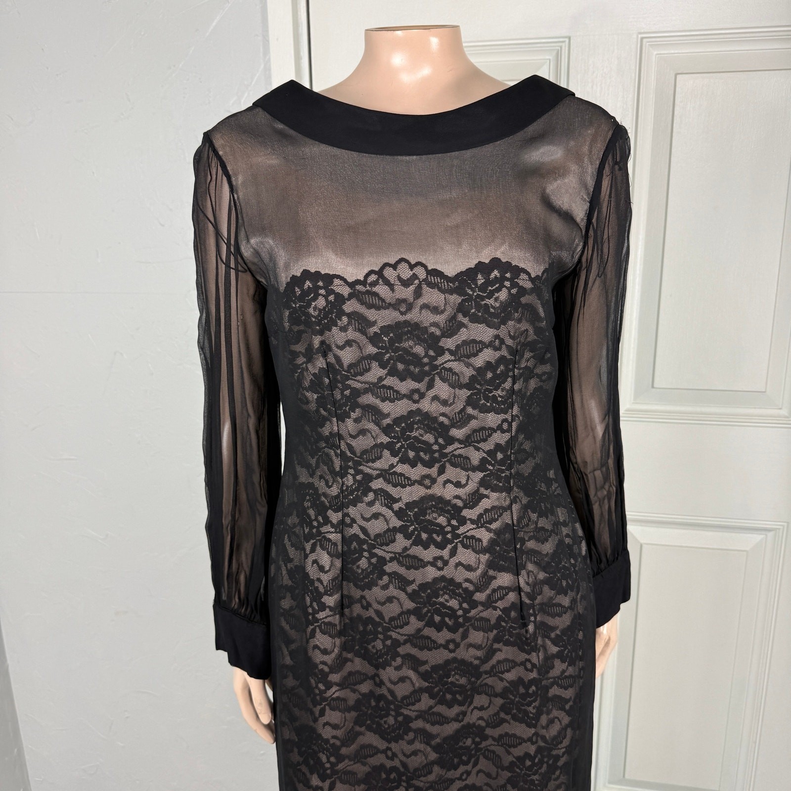 Vintage 50s 60s Women’s Dress Lace Floral Party Formal Evening Long Sleeve J26