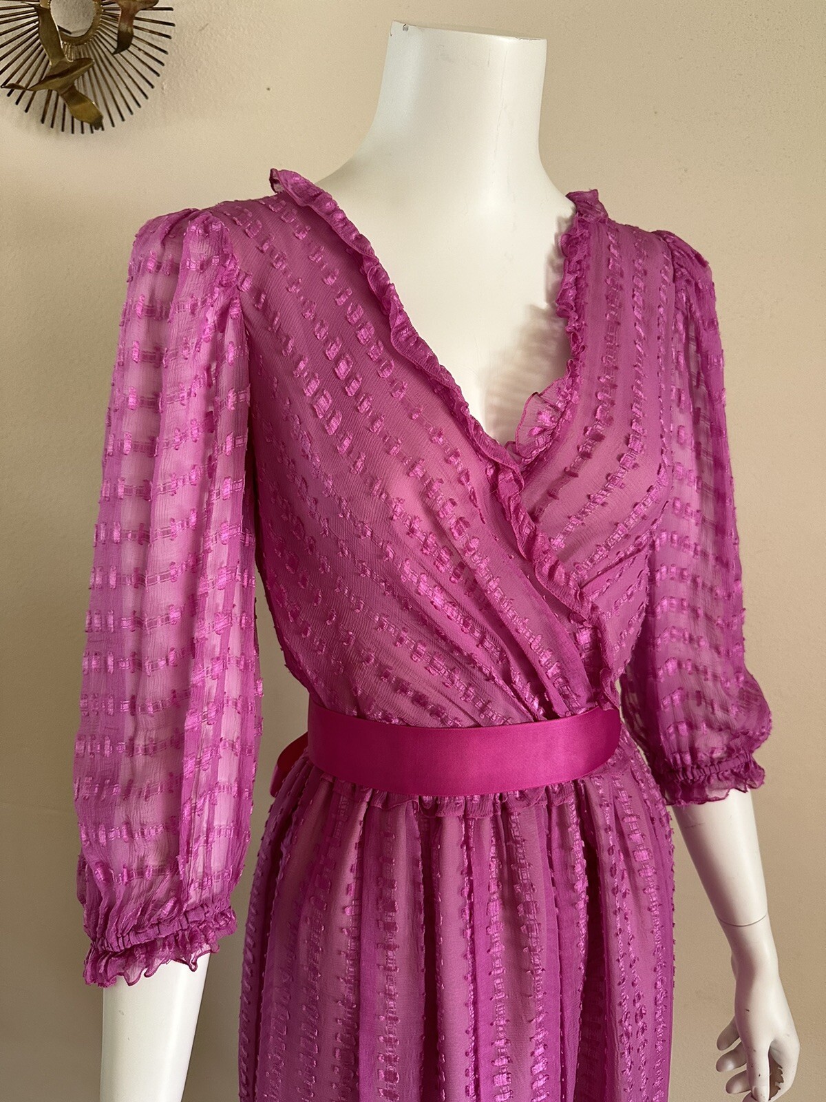1980s Neiman Marcus Pink Sheer Ruffle Wrap Dress Ribbon Belt Petite Vintage