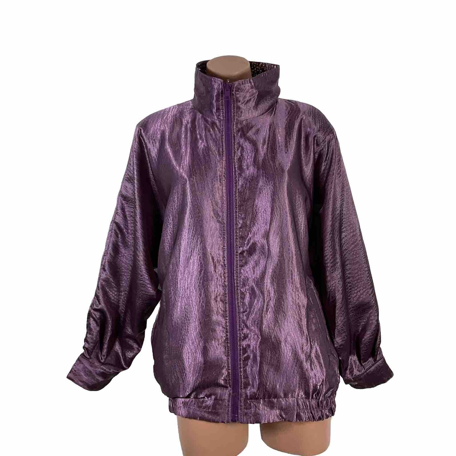 Vintage Rafael Satin Bomber Jacket Y2K Reversible Metallic Purple Animal Print S
