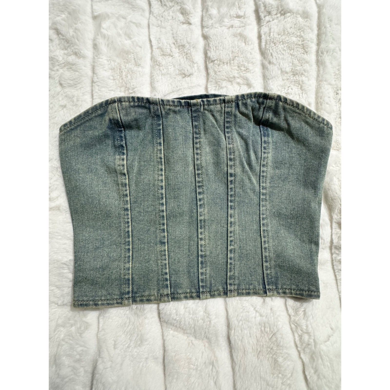PrettyLittleThing Petite Vintage Wash Denim Corset Tube Top Bandeau 00 NWT