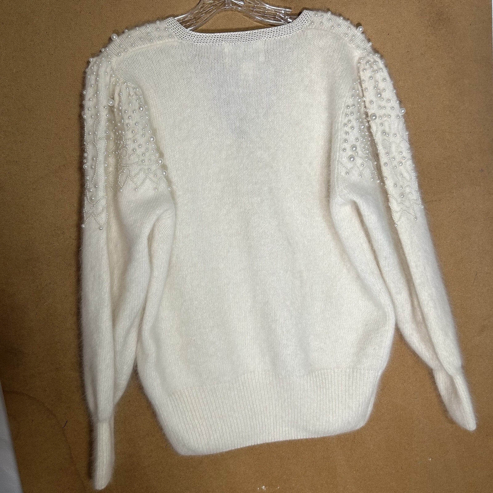 Vintage 80s Side Effects Beaded Ivory Wool Angora Rabbit Hair Sweater Sz M
