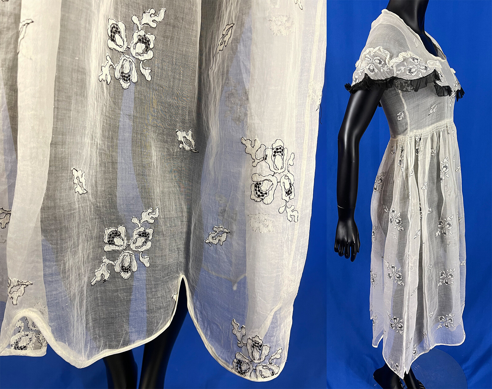 Vintage 1920s White Organdy Organza Black Lace Embroidered Flowers Flounce Dress