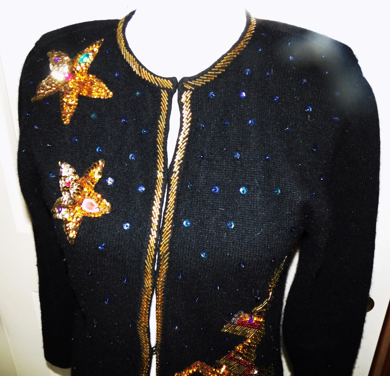 Vintage 80s Black Lambswool Angora Christmas Sweater Sequins Justine Todd M B34