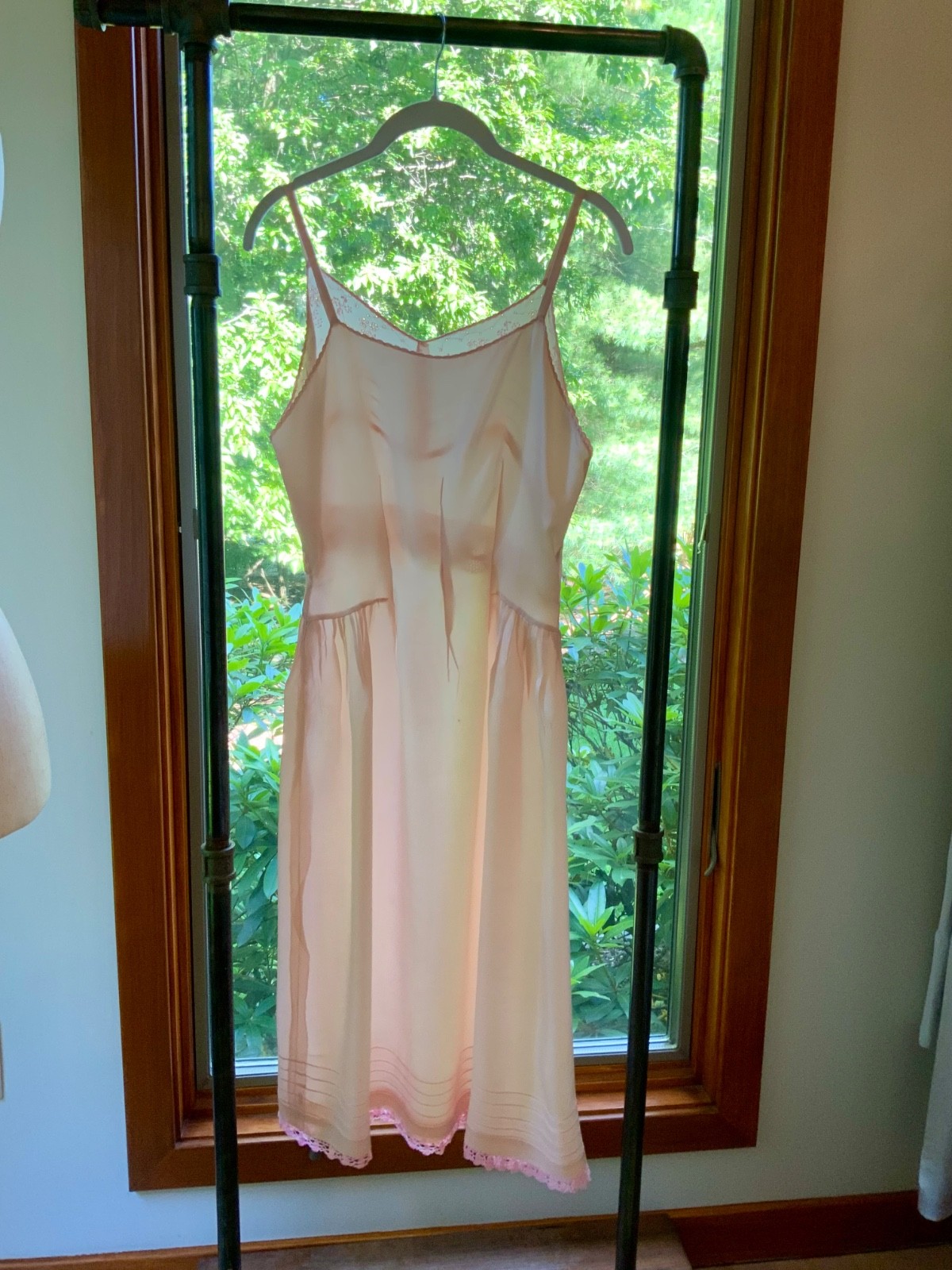 Rare 1930s Blush Pink Satin Boudoir Gown with Embroidery & Ribbon Sash-30DA