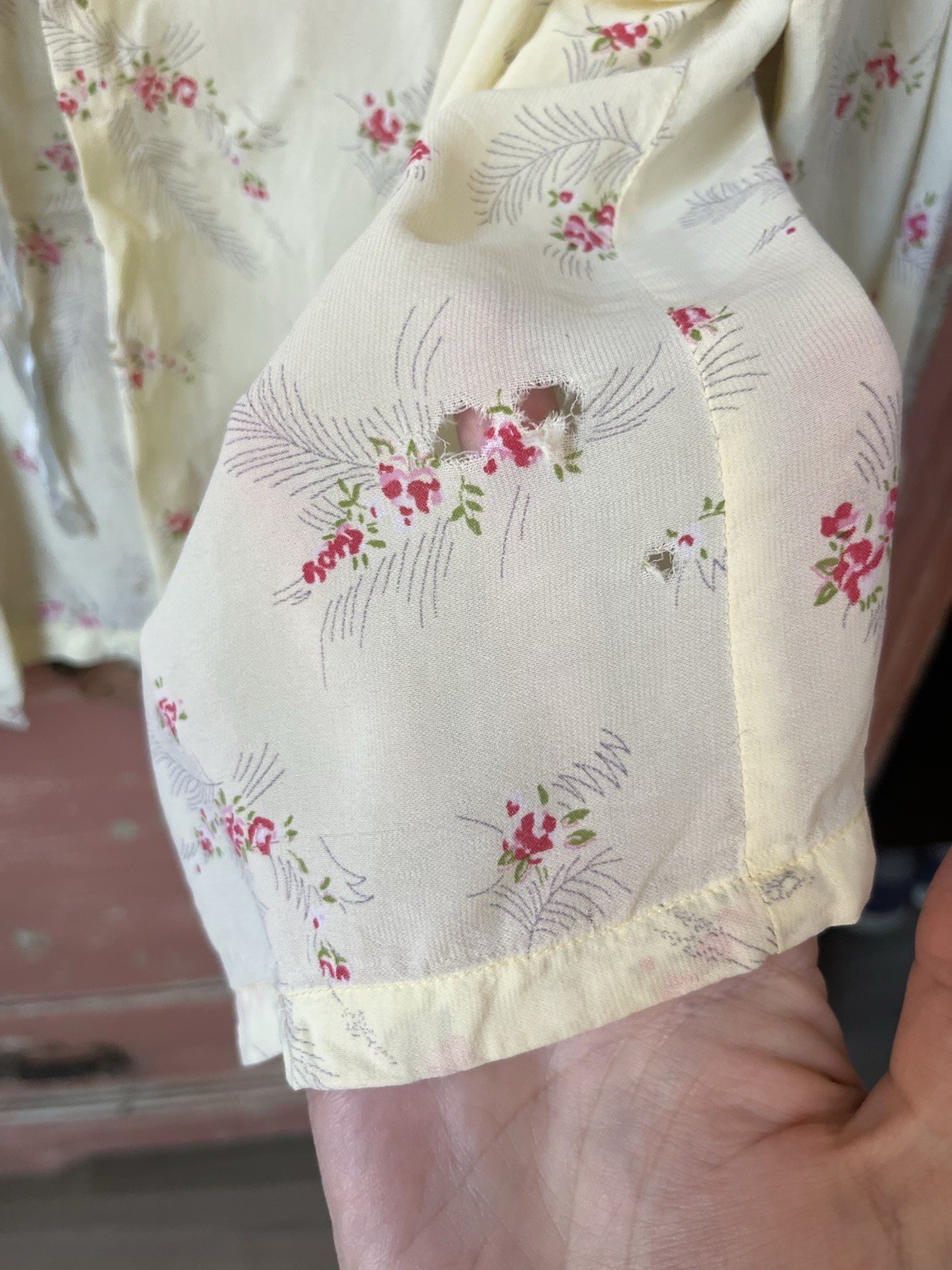 40s 50s Antique Vintage Rayon Floral Cottagecore House Jacket Ruffle Blouse S/M