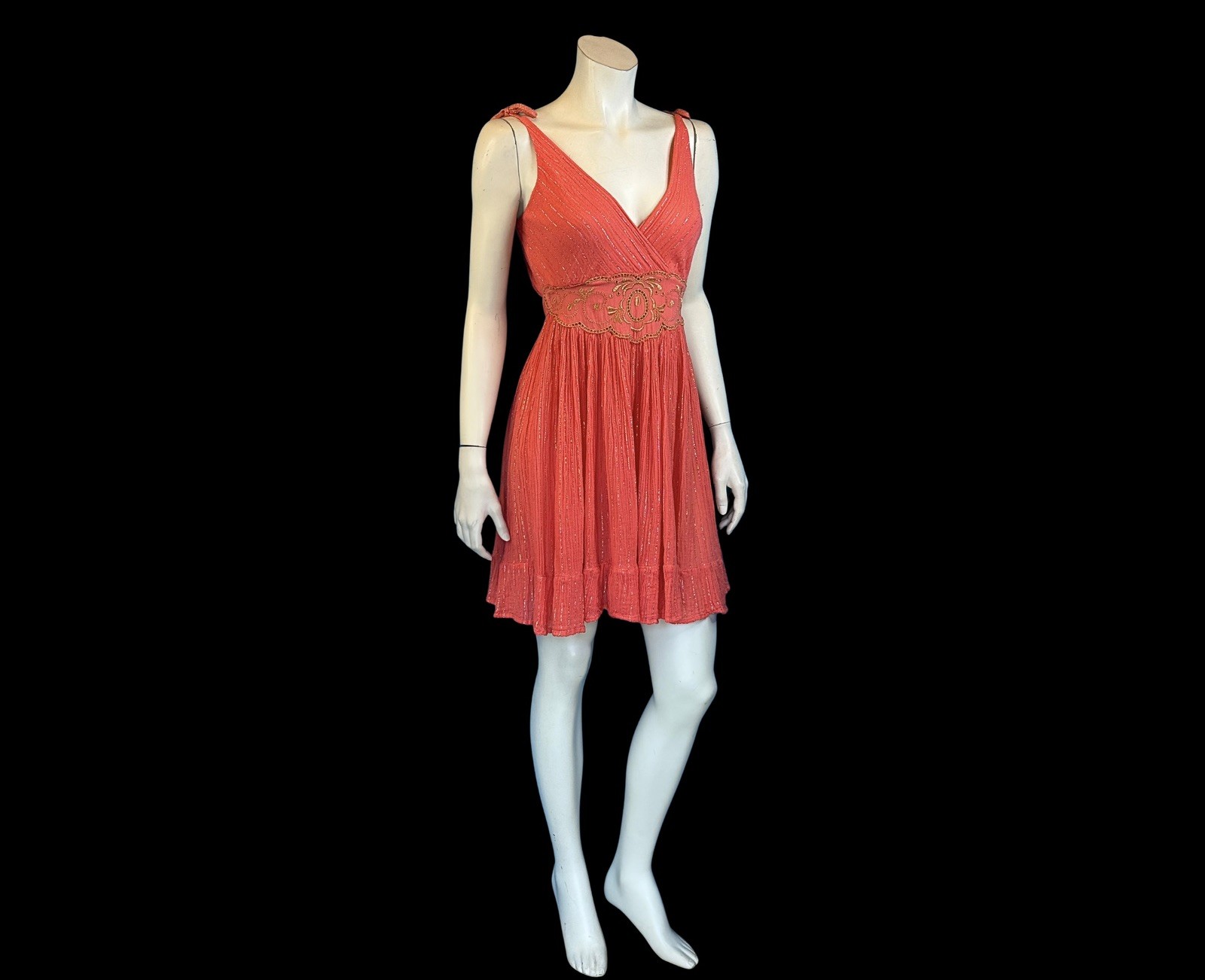 80s Greek Goddess Coral Gauze & Gold Lurex Mini Vintage Sundress | S