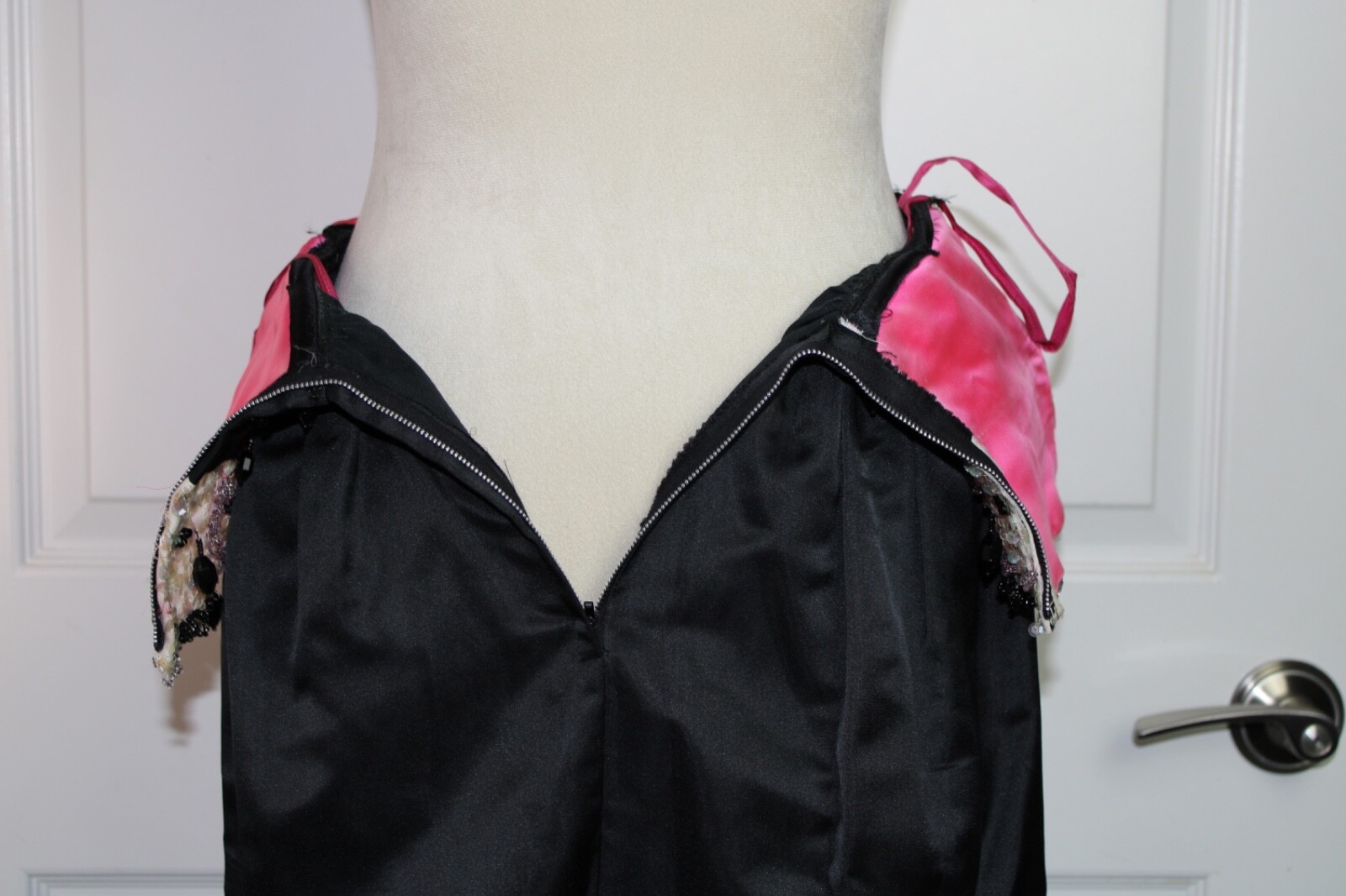 VTG Black Satin Sleeveless Dress Ivory Bodice Beaded Sequin Conmatic Zipper XS/S