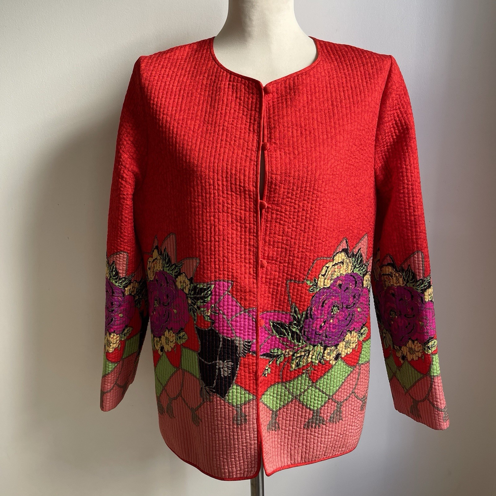 Vintage 1980s Aurora Ruffolo Quilted Jacket Wool Crepe Red Floral Button Medium