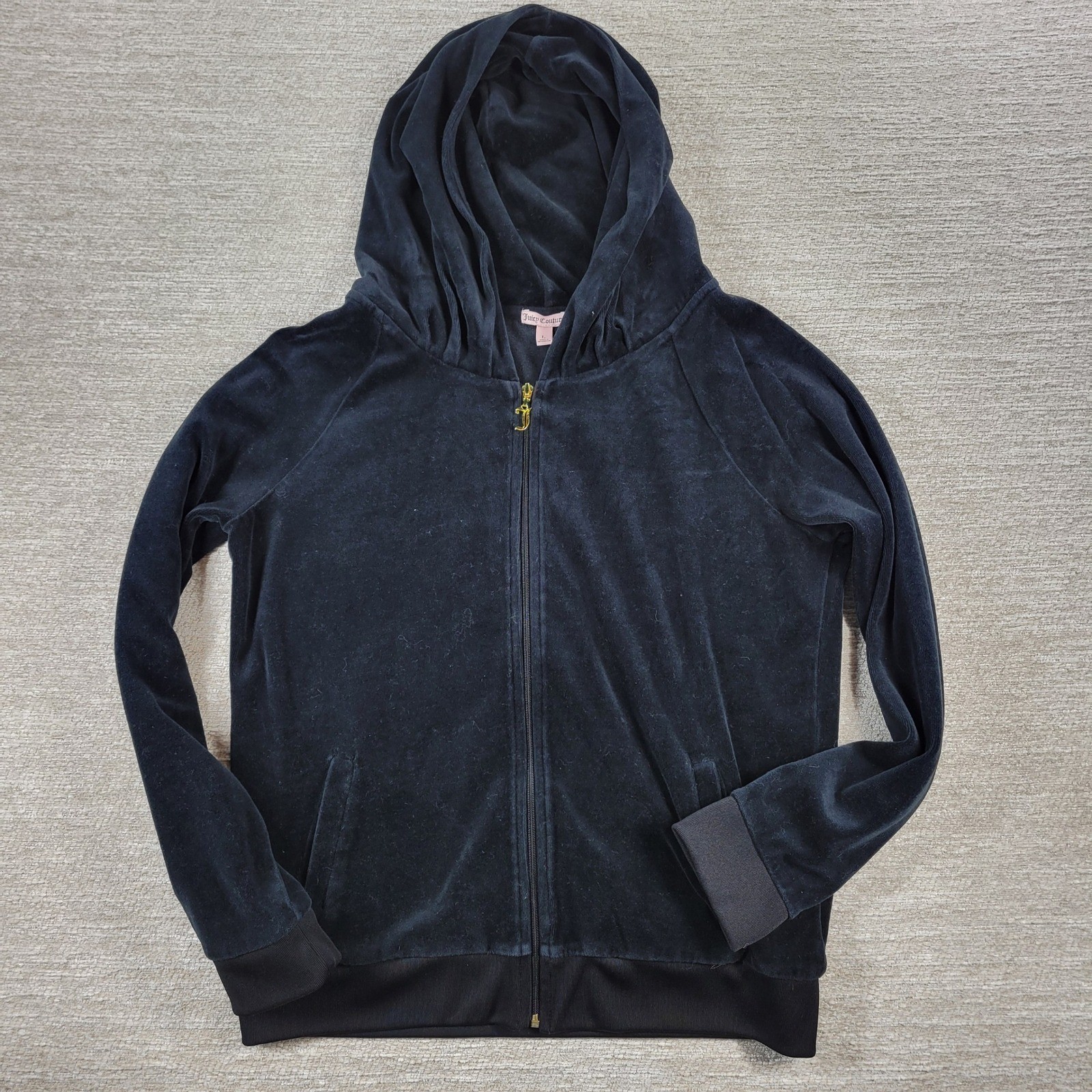 VTG Juicy Couture Velour Track Suit L Black Gold Bling Y2K Low Rise Hoodie Cozy