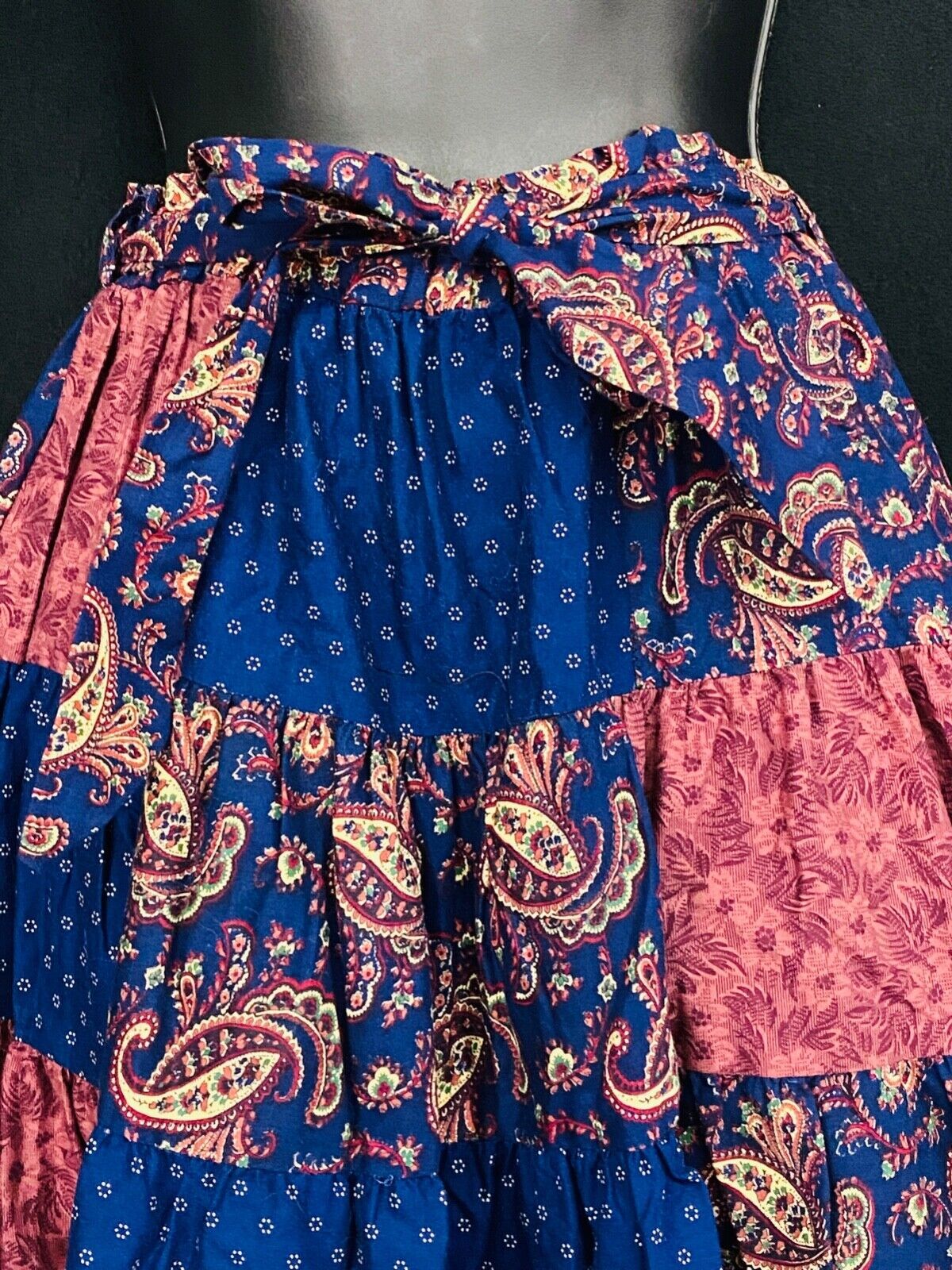 Vintage 1970s patchwork skirt, blue pink paisley boho prairie cotton circle OSFM