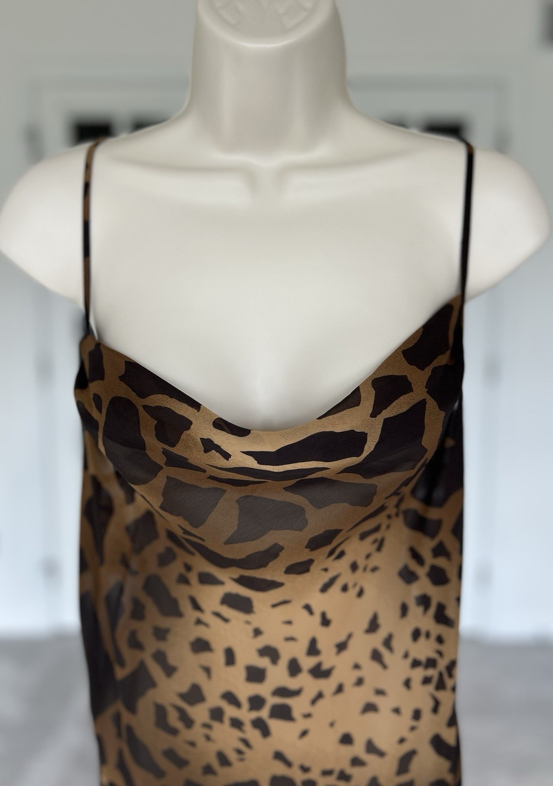 VTG 90s/Y2K Asymmetrical Cowl Neck Sleeveless Animal Print Semi Sheer Dress MED