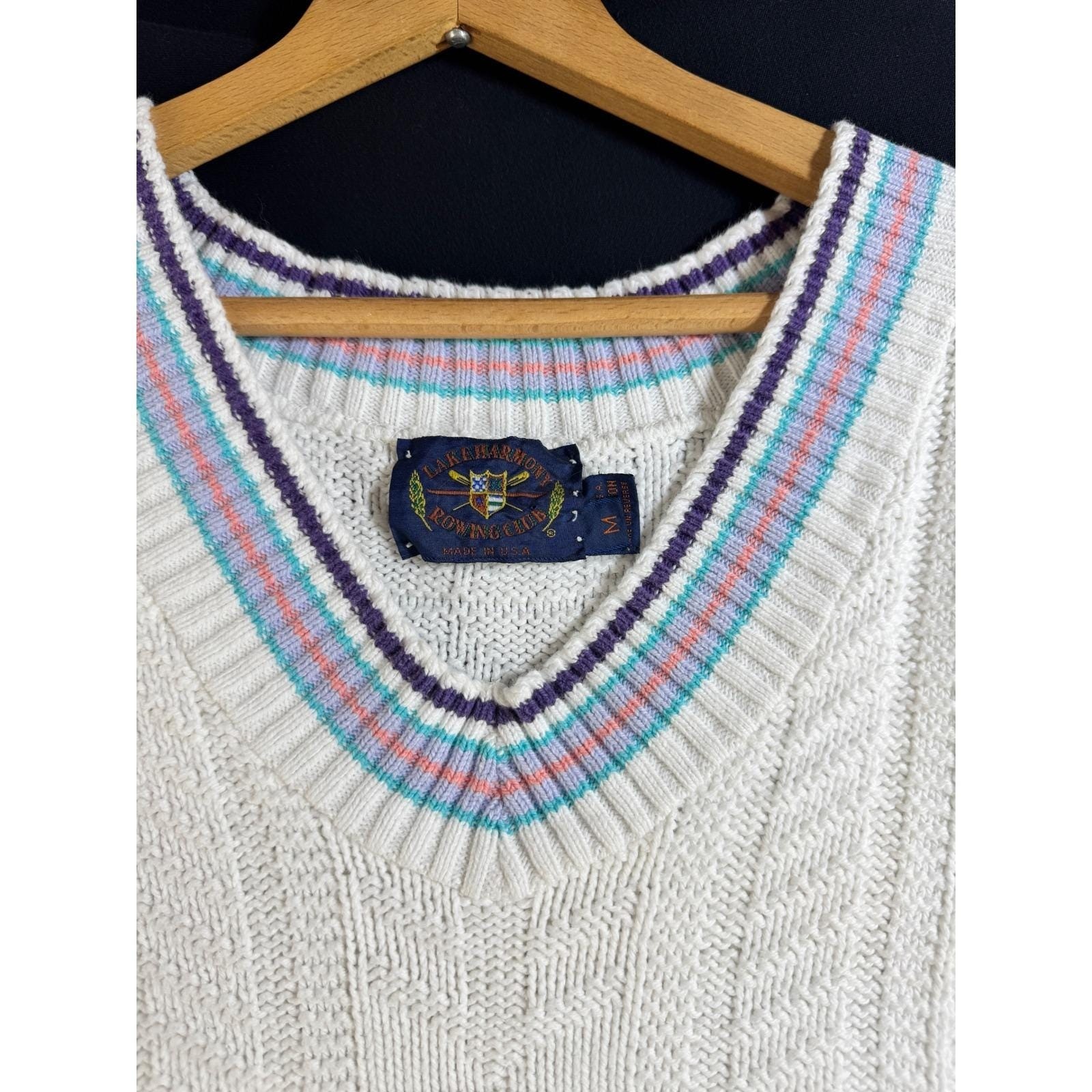 Vintage Coastal Golf Tennis Sweater Vest Cable Knit Pastel Trim USA M
