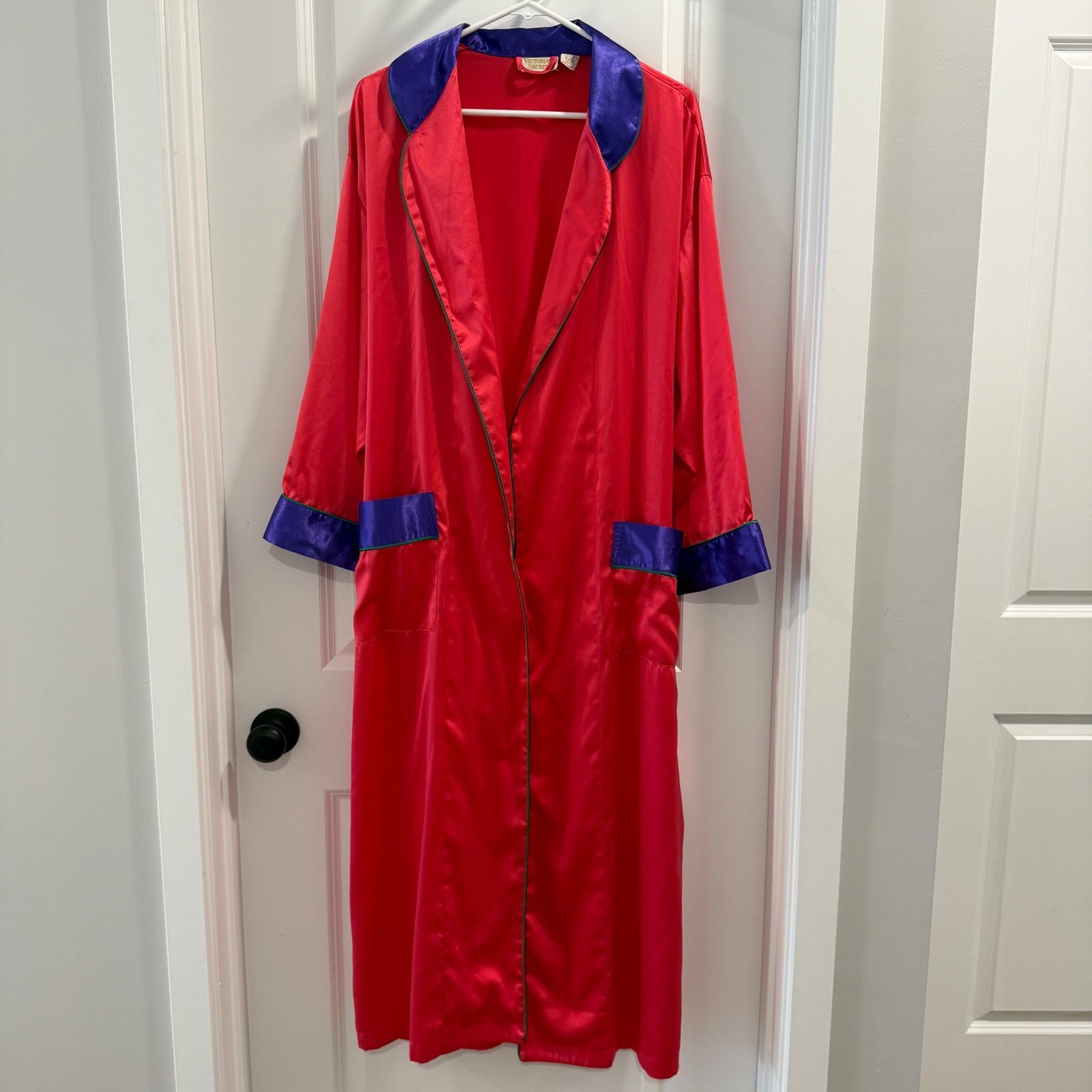 Vintage Victorias Secret Gold Label Red Purple Colorblock Satin Robe ML Long