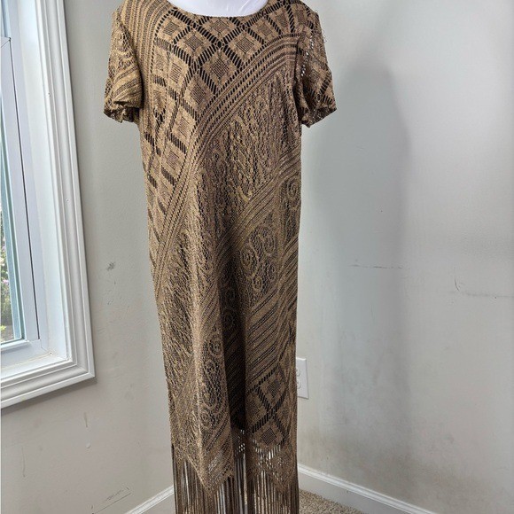 BN1 Vintage Helene Blake Crochet Dress Size 14 Midi Lined Fringe Boho Tan