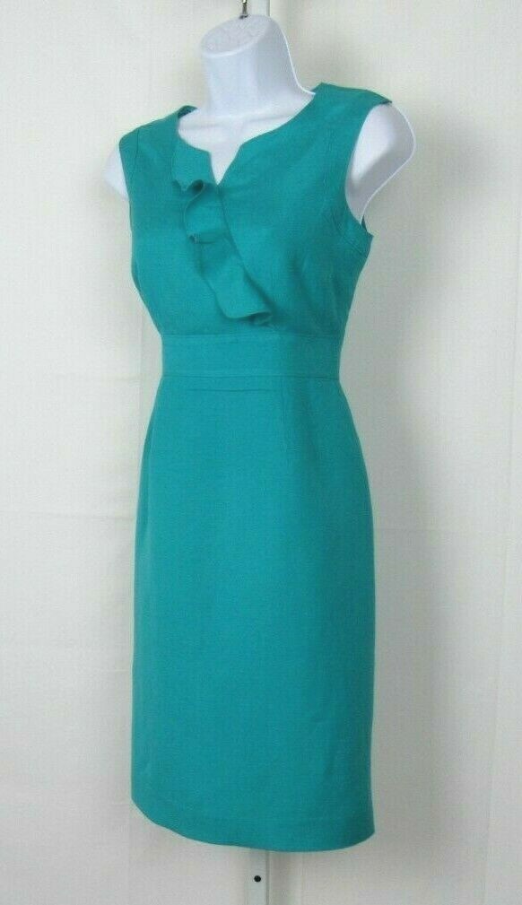 VTG 1980s 90s TAHARI ARTHUR S LEVINE SIZE 4P TURQUOISE LINEN RAYON BLEND DRESS