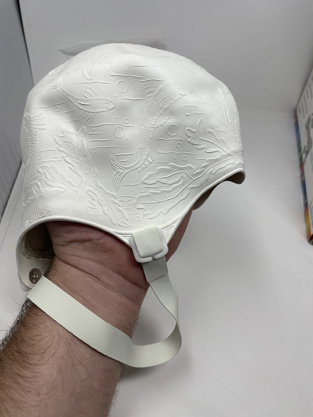 Vintage AquaPro Rubber Swim Cap White Sea Life Textured Pattern Retro Childs