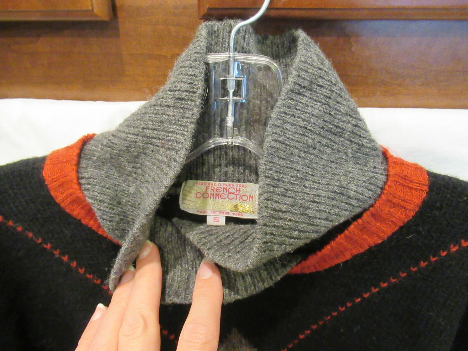 French Connection black gray and red sweater top, 40″ chest, c. 1980s