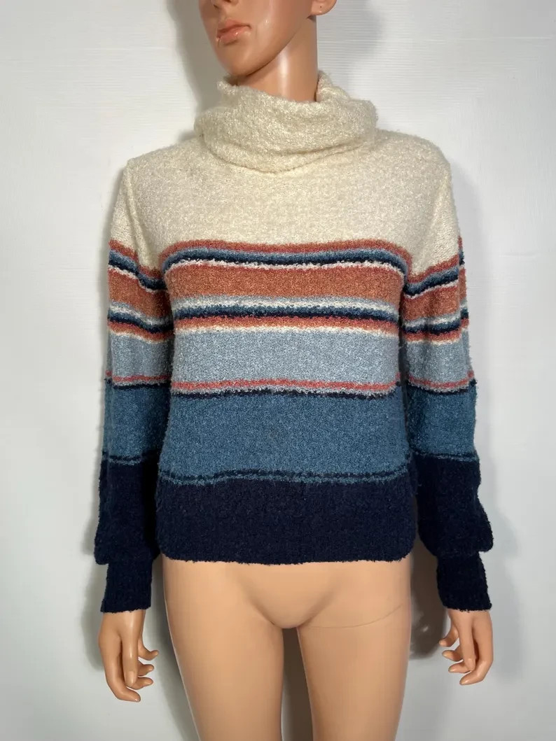 Vintage 1970s Fuzzy Bouclé Knit Striped Turtleneck Sweater Size M