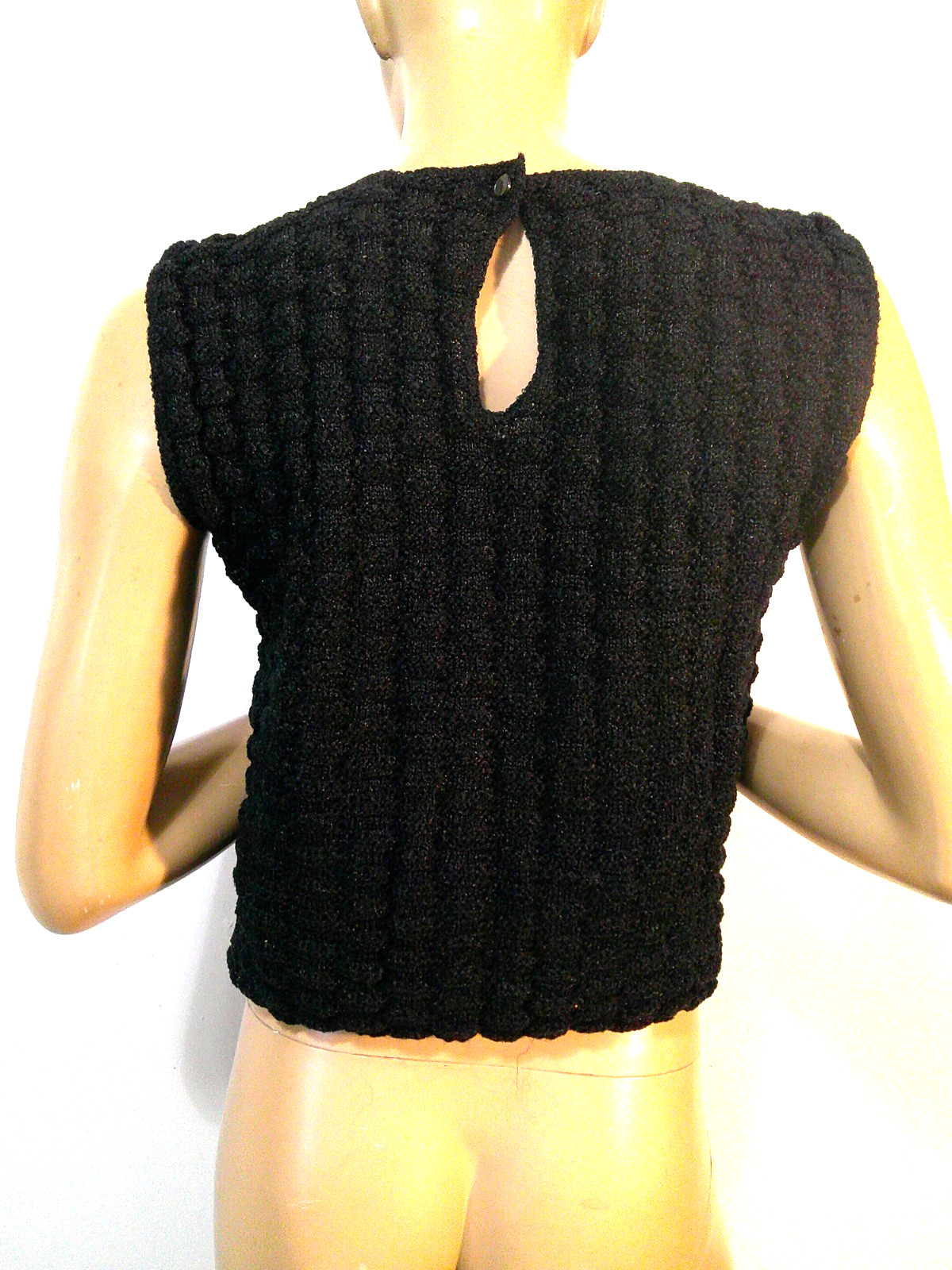 Vtg 60’s Mod Rockabilly Pin Up Black Antron Nylon Popcorn Sleeveless Shell Top L