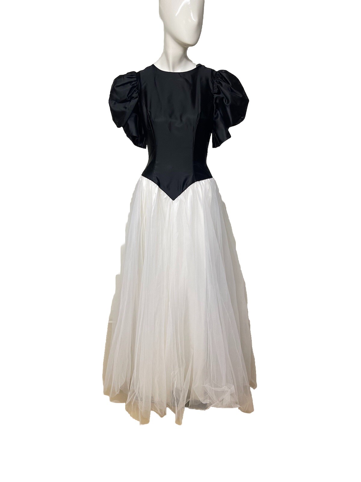 Vintage 1970s Black And White Lace Union Made Prom Satin Tulle Dress Sz 6