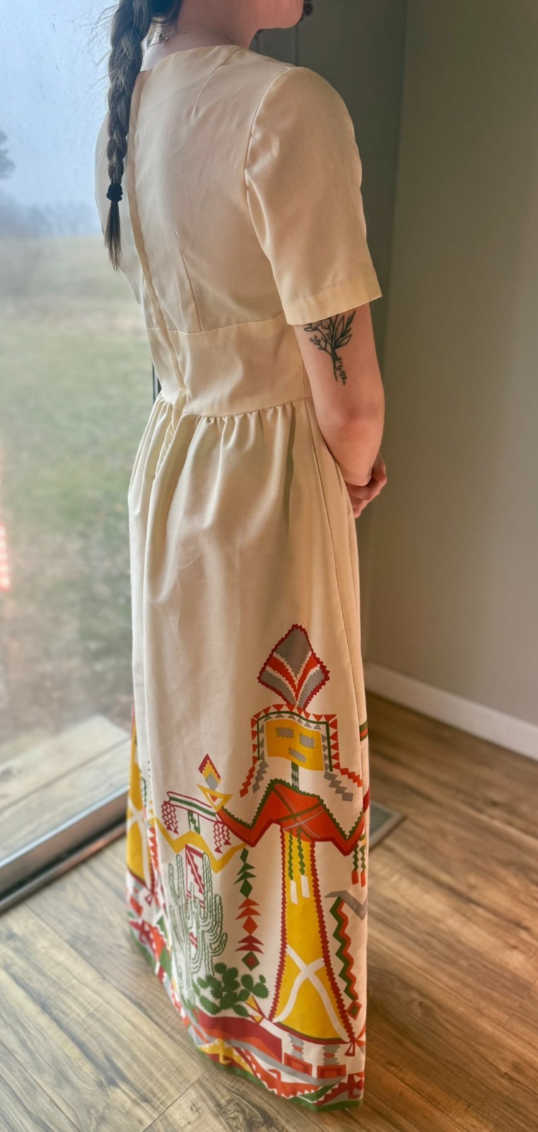 Vtg 1960s 70s Maxi DRESS Kachina Doll CACTUS Print Native FOLK ART Skirt XS/S