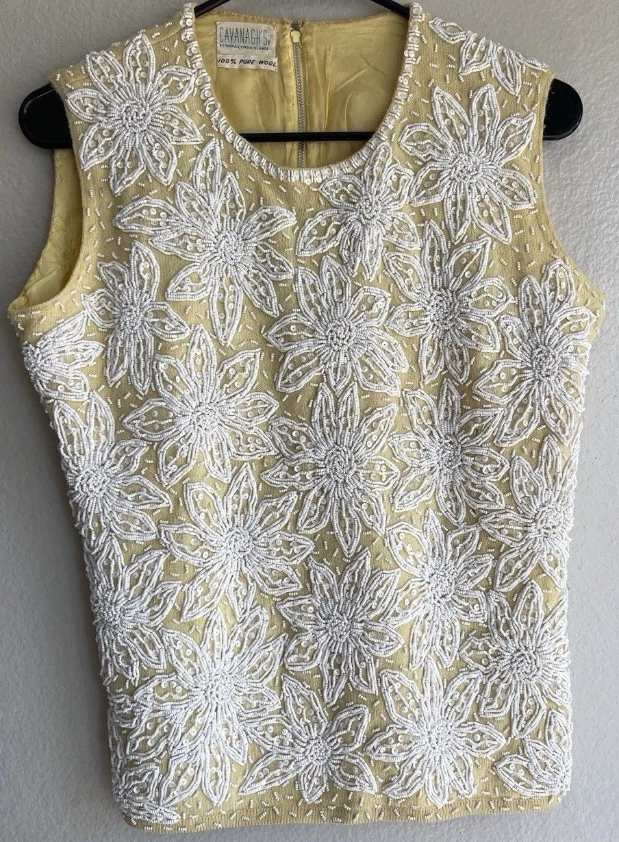 Cavanagh’s 1960s yellow pure wool shell top White Beaded