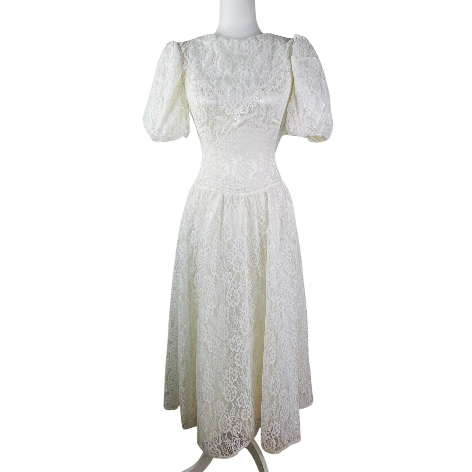 Jessica McClintock Gunne Sax Dress Womens 3/4 Ivory Excellent Lace Puff Sleeve
