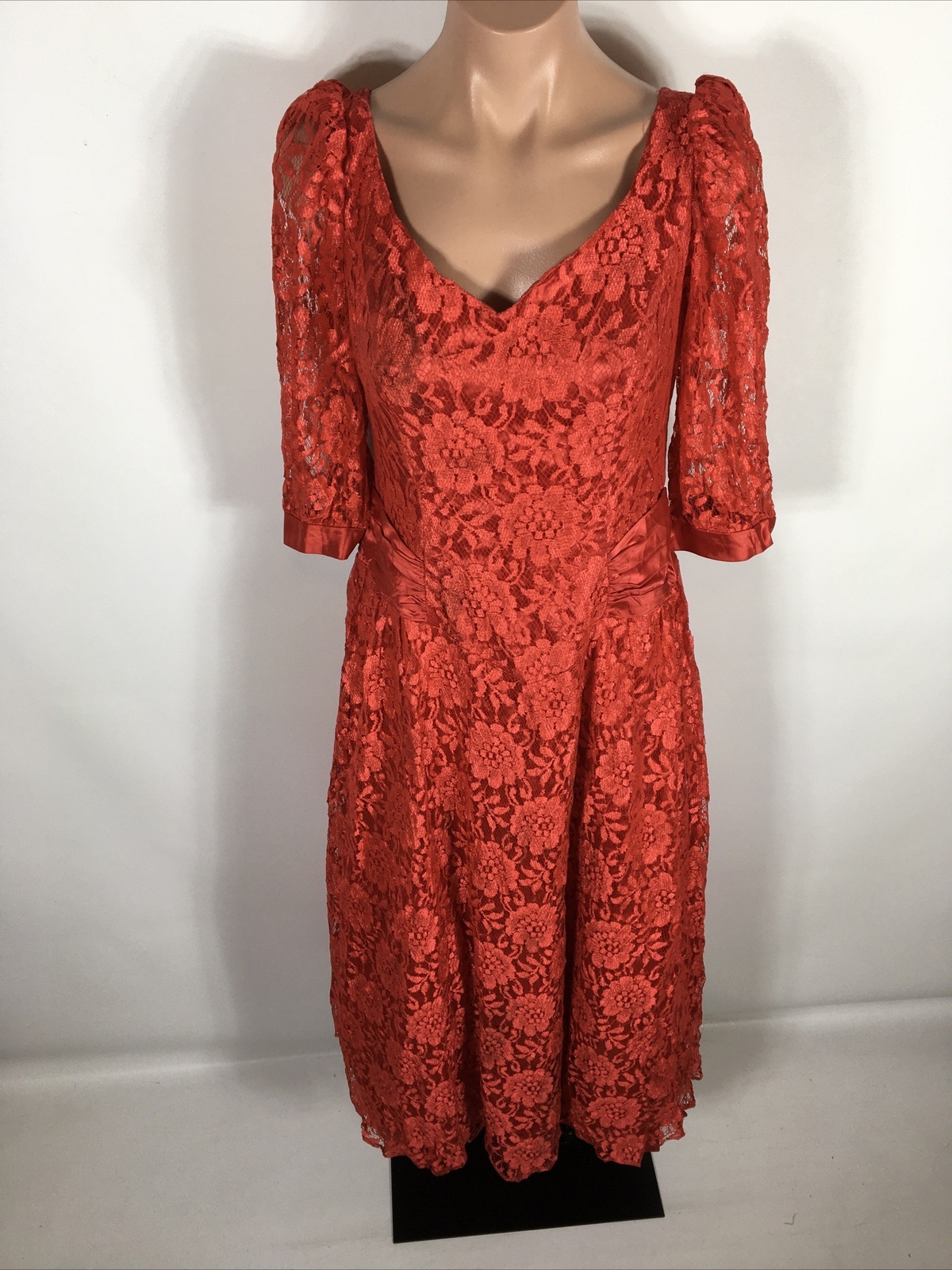 VTG 80s Prom Red LACE PUFFY BUBBLE SLEEVE Party Formal Bows Evening Dress Gown S