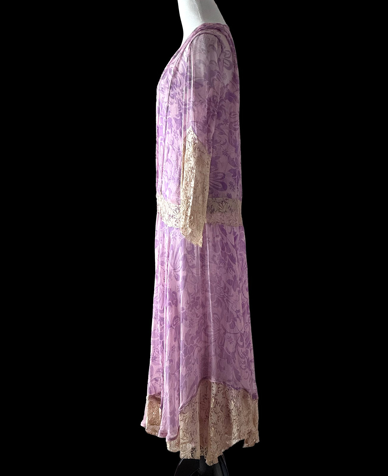 Vintage 20s Dress, 1920s Silk Chiffon and Lace 2 Piece Lavender Dress Set, S/M