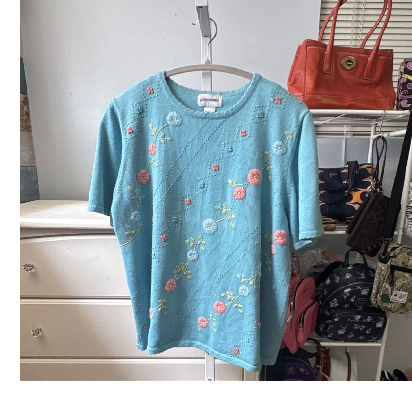 Alfred Dunner Floral Embroidered Knit Top Blue Pink Green Acrylic Cotton Size L