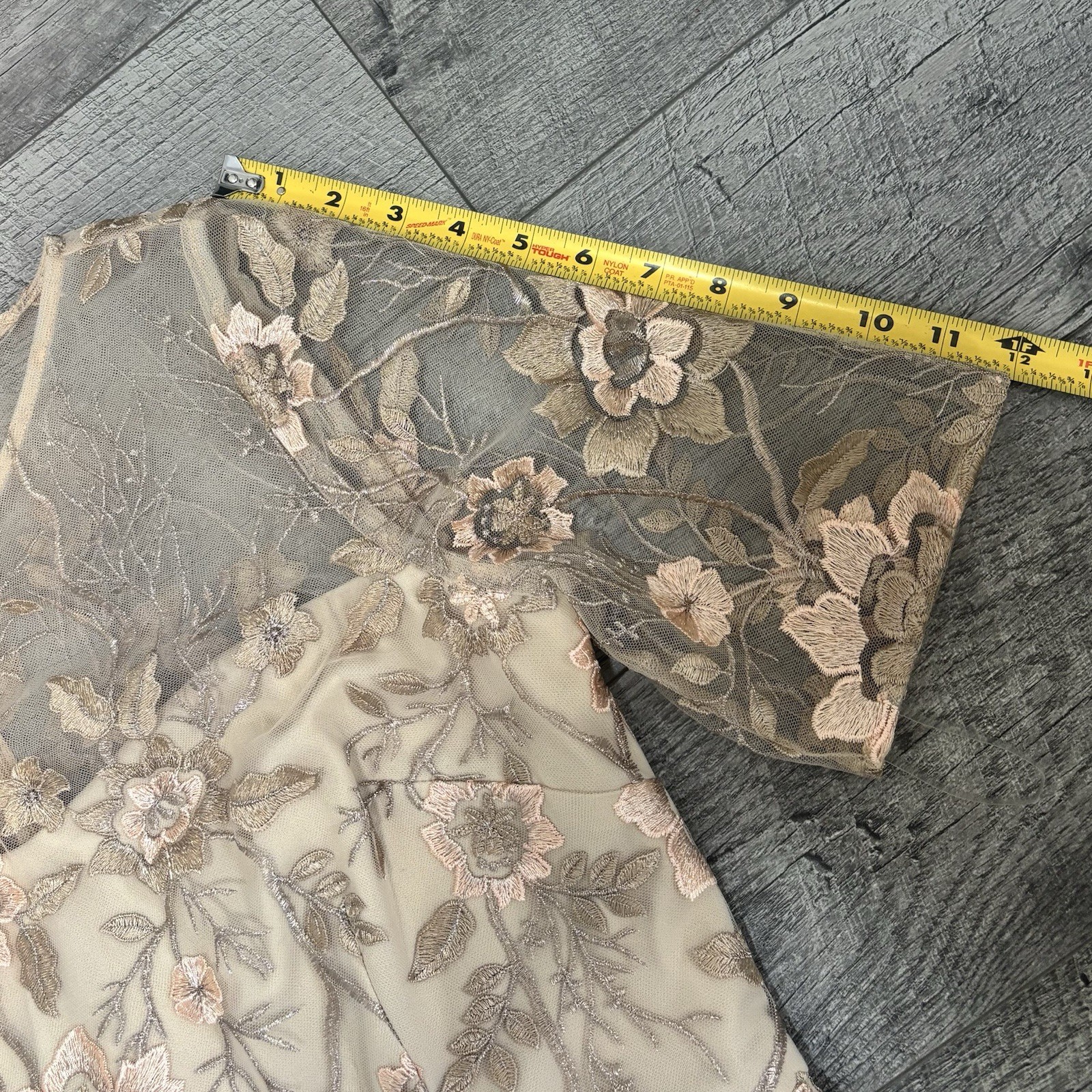 JS Collections Floral Embroidered Illusion Midi Dress Beige Gold Size 10 Wedding