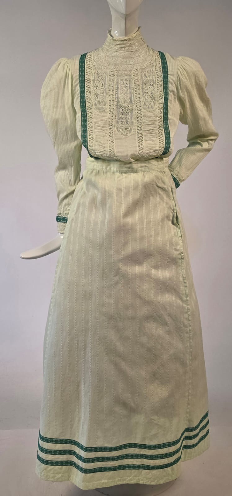EDWARDIAN STRIPED COTTON 2 PC DRESS W LACE FRONT + HIGH COLLAR