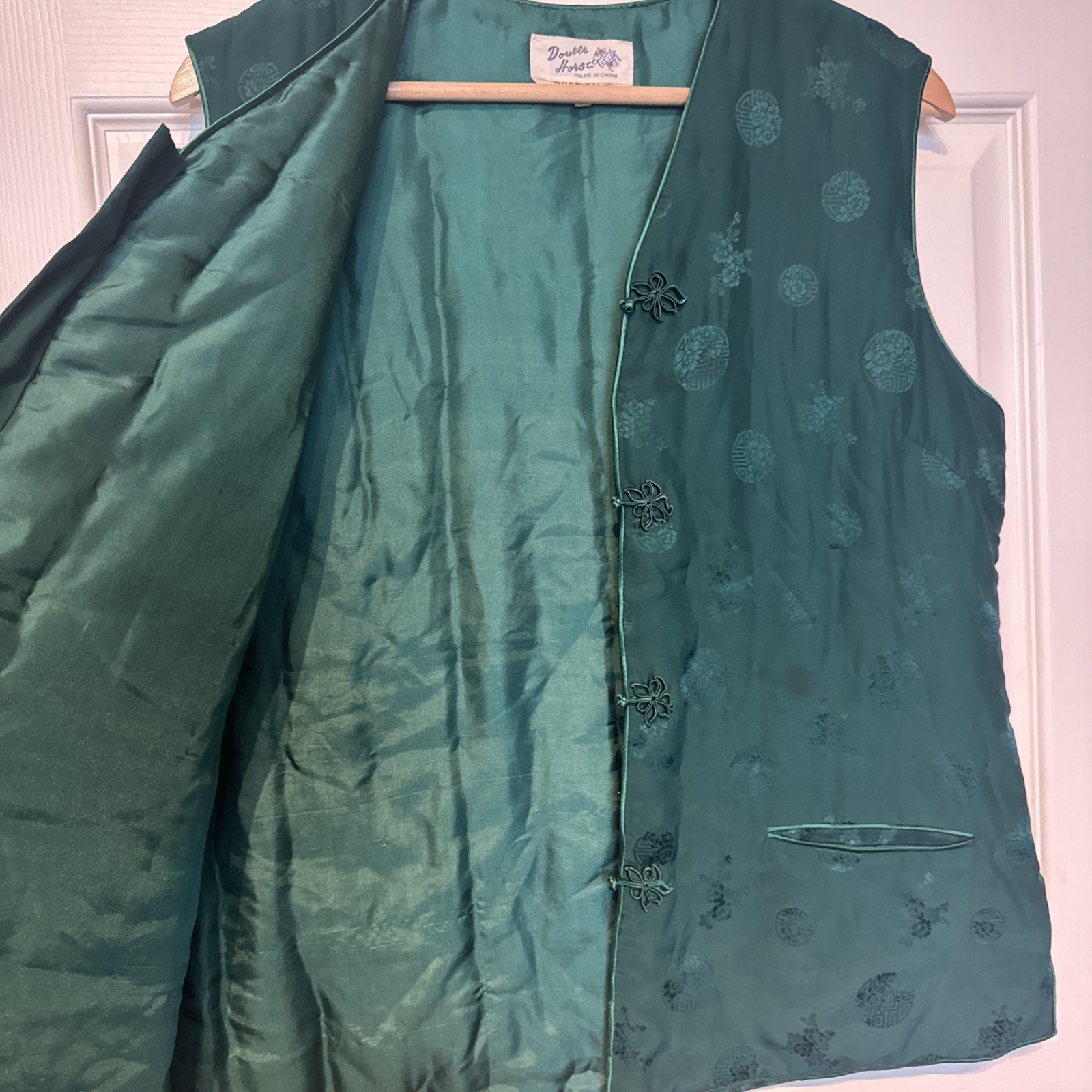 Vintage Double Horse Emerald Green Pure Silk Lined Asian Inspired Vest-Women XL