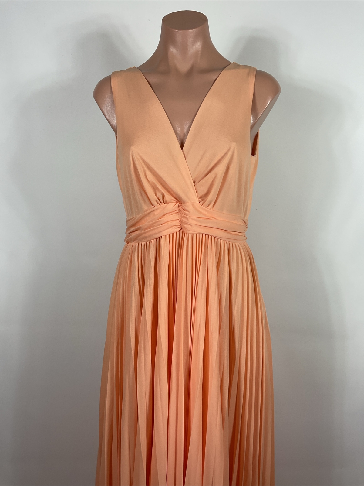 VINTAGE 1970s Peach Chiffon Dress Pleated Fit Flare Maxi Party Evening Gown M/L