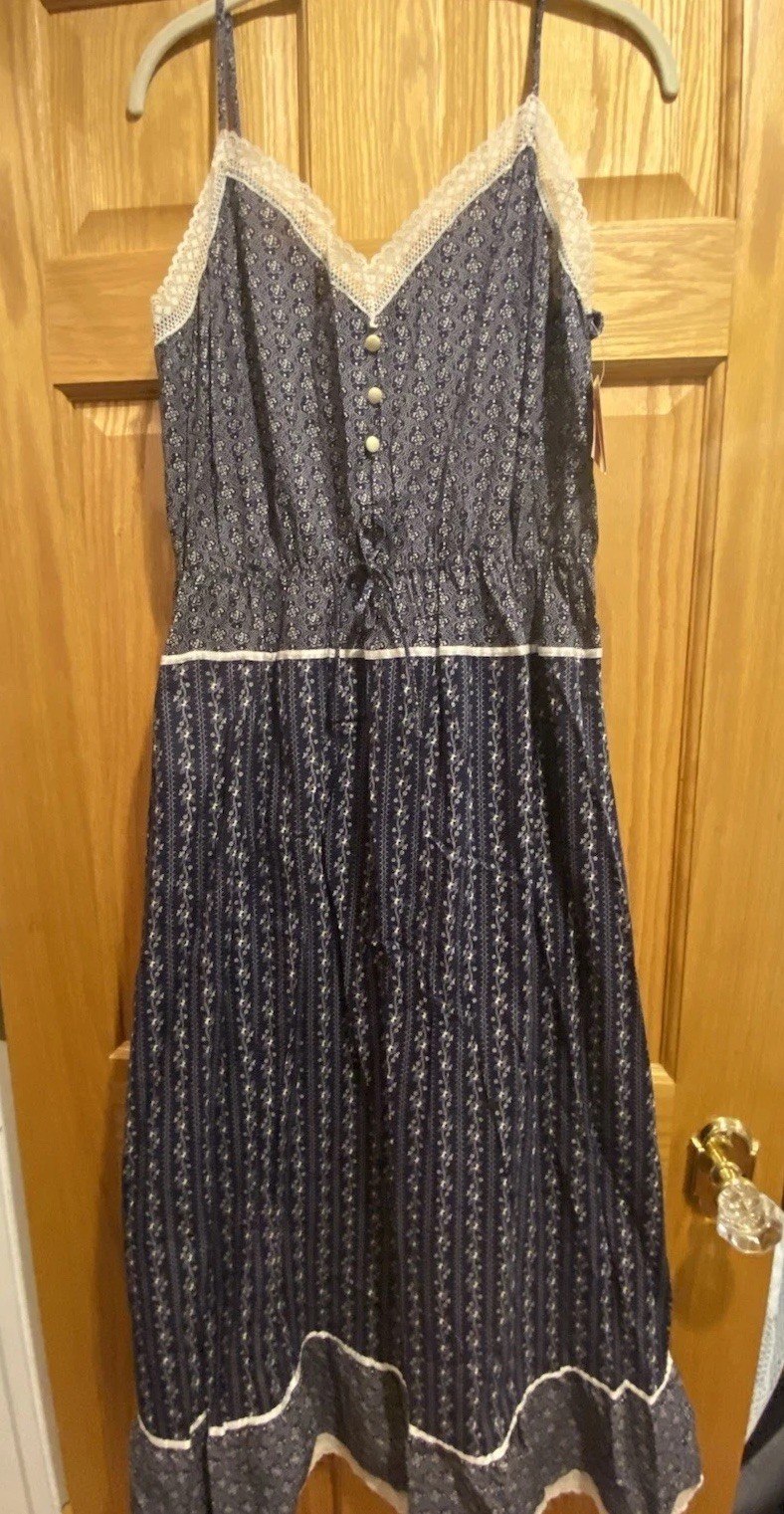 JCPenney navy cotton sun dress spaghetti straps floral lace prairie NWT Large