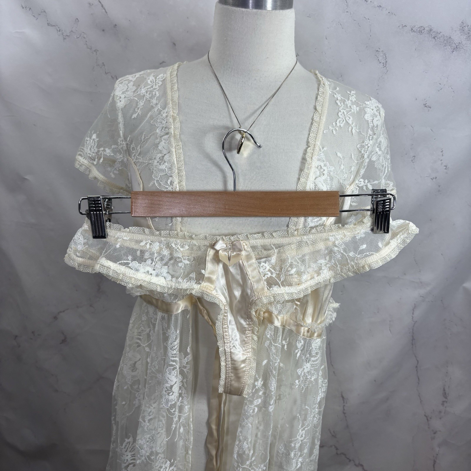 Vtg 90s CLAIRE PETTIBONE Babydoll Sheer Lace Silk Nightgown Robe Dress S Bride