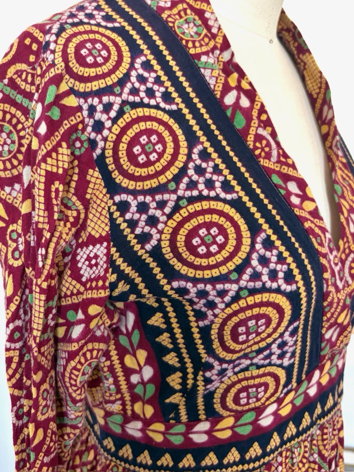 60s 70s Artisan Printed Pakistani Cotton Boho Hippie Empire Waist Maxi Dress XS