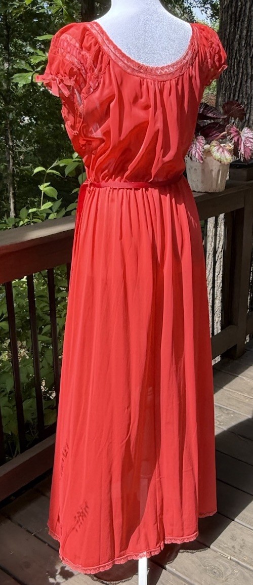 Vtg 60s Nightgown Chiffon Pleat Maxi Empire Goddess Siren Red Lace Nylon M 36 38