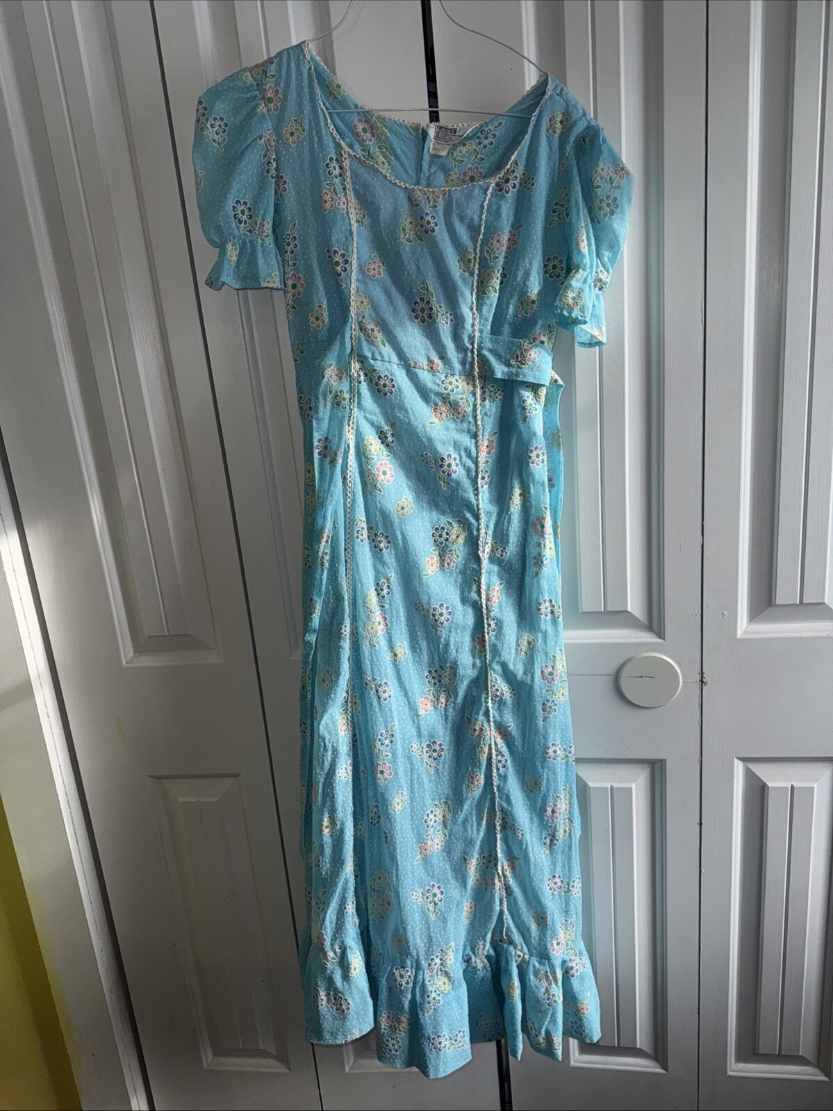 Vintage 1960s Flocked Floral Puff Sleeve Maxi Dress By Montgomery Ward Size 9/10