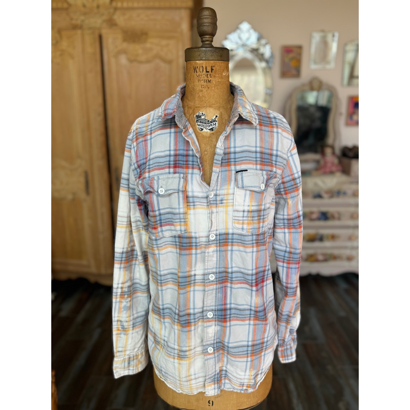 Upcycled Eye Patch Flannel Shirt Medium | Folk Art Plaid Button Down