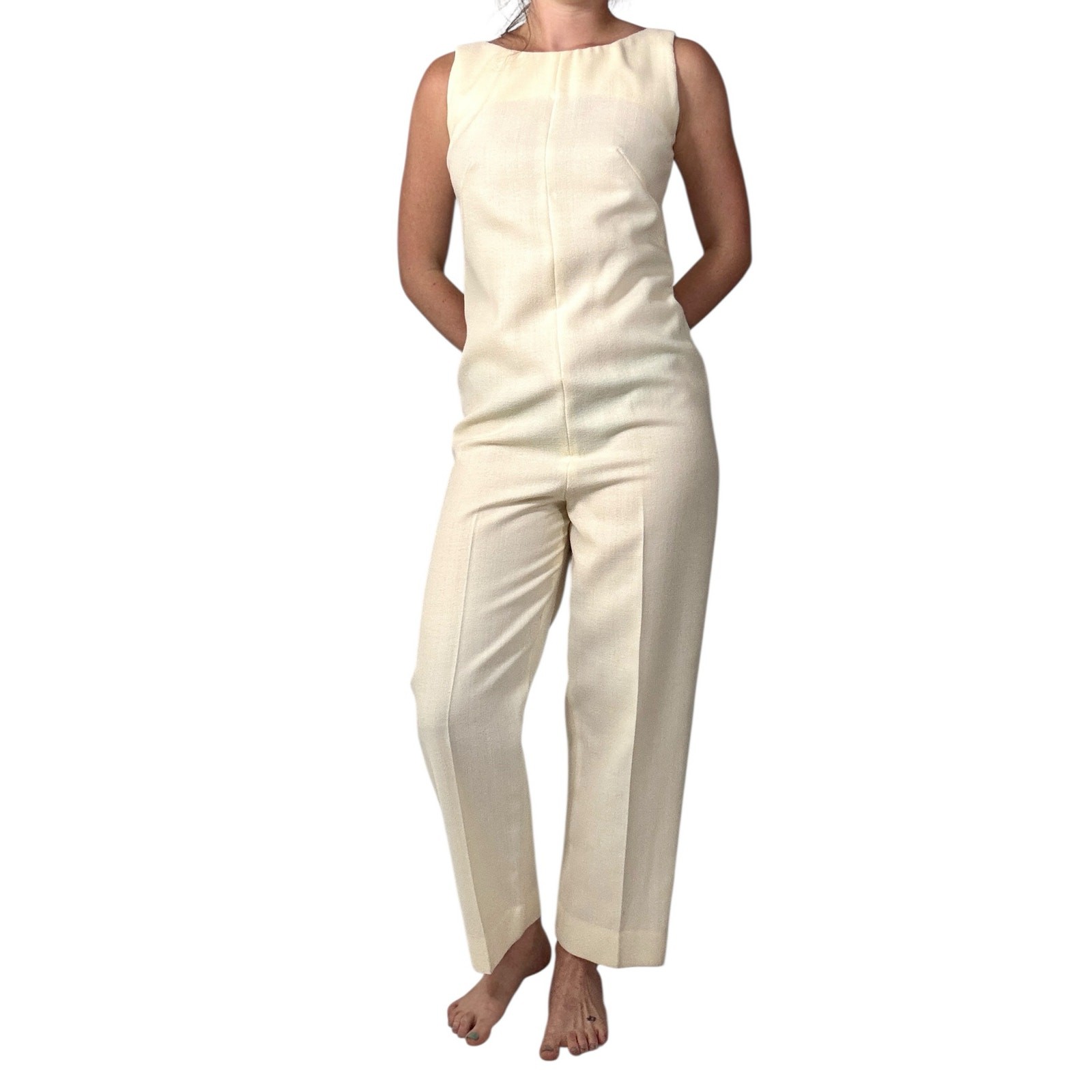 Vintage 1960s White Wool Jumpsuit Peer Label Metallic Gold Polka Dot Cape Mod