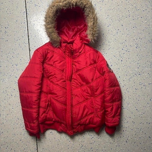 VTG Y2K Apple Bottom Jeans Red Puffer Jacket Faux Fur Bomber XL Cropped Patch